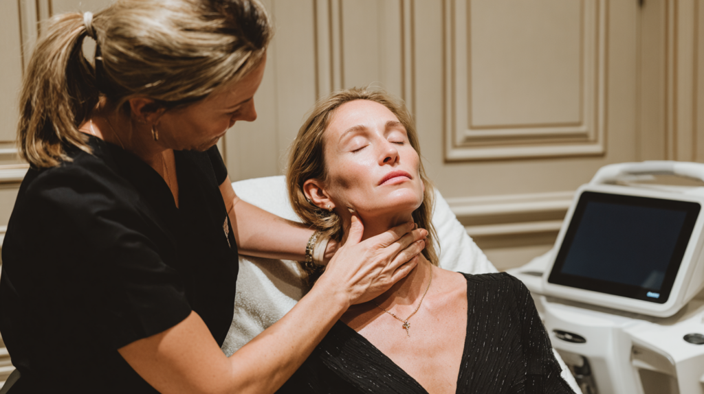 Licensed provider performing a professional skin analysis for post-vacation skin recovery at a luxury medical spa