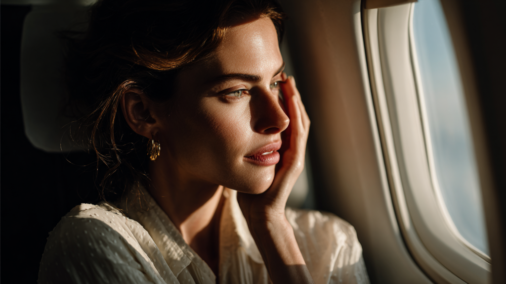Woman noticing dry, dehydrated skin during a flight after summer sun exposure