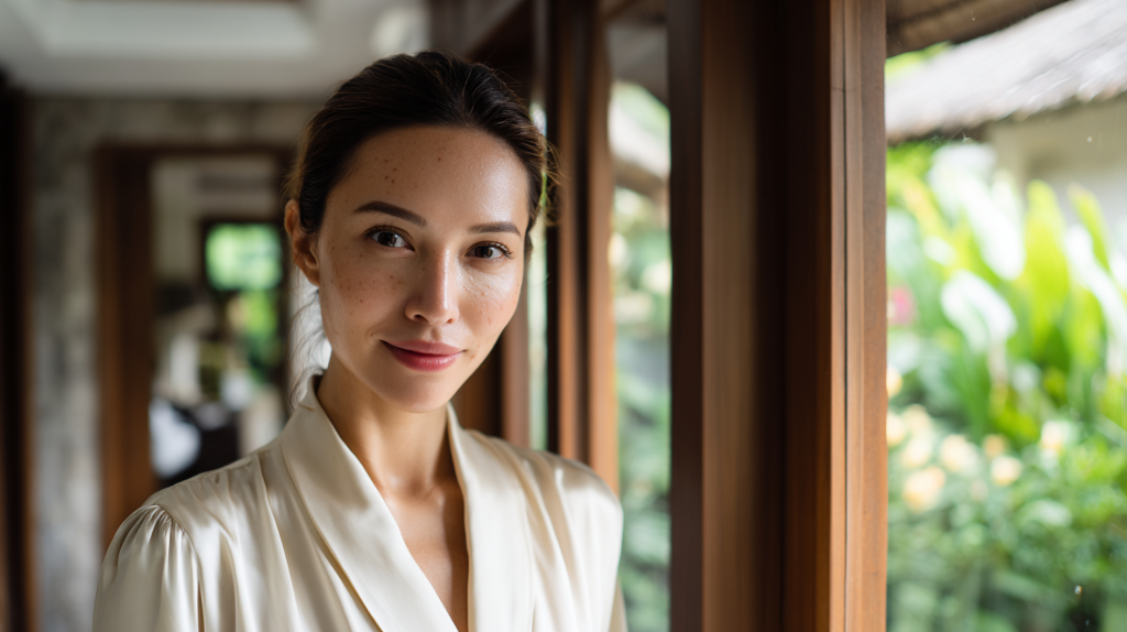 Southeast Asian woman with mild acne scars during a luxury medical spa consultation for personalized scar treatment
