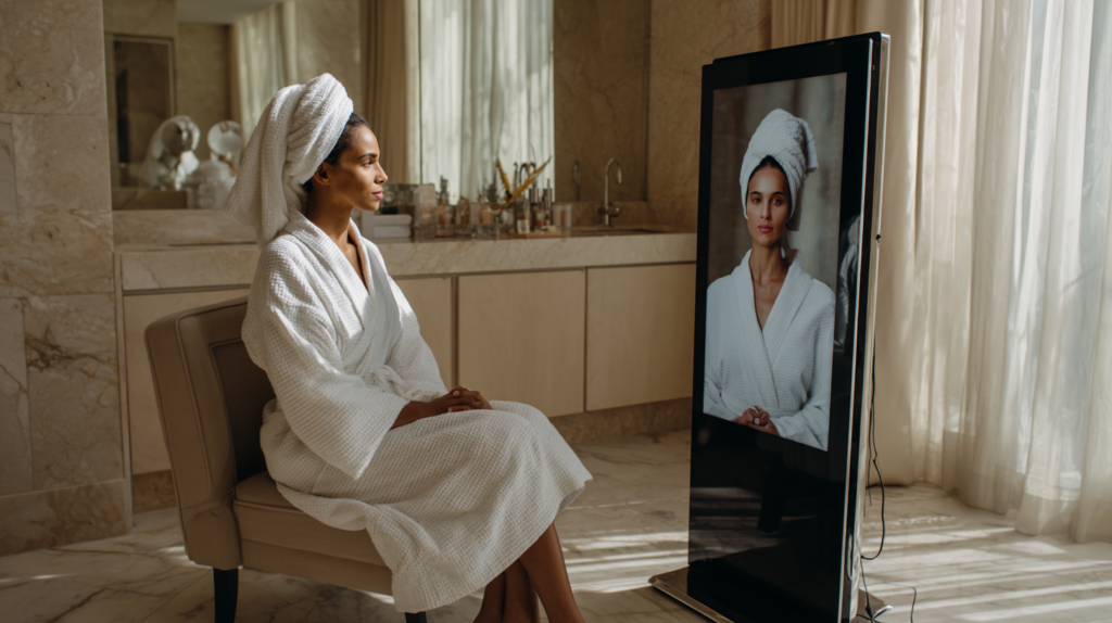 Black woman receiving a professional skin analysis for personalized acne scar treatment at a luxury medical spa