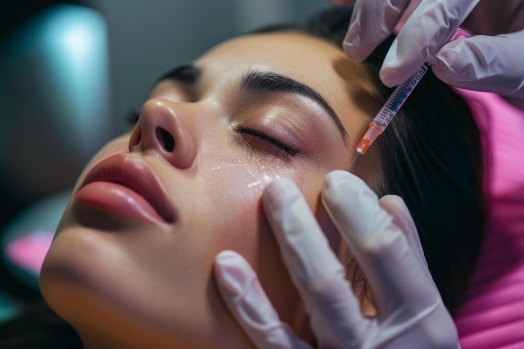 Close-up of a cosmetic professional administering a facial injectable treatment to reduce fine lines and enhance facial appearance.