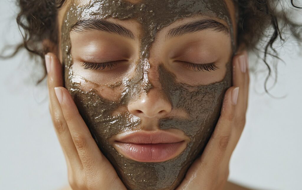 Person relaxing with a mineral-rich mud facial mask during a professional spa skincare treatment.
