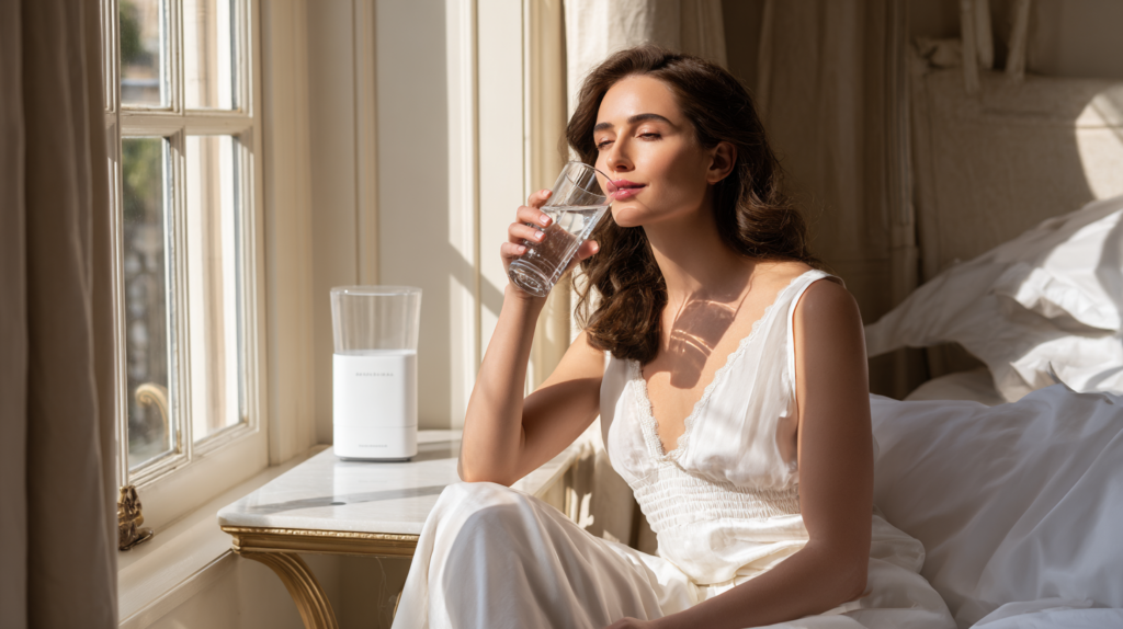 Woman hydrating and using lip balm during lip filler recovery in the Las Vegas desert climate