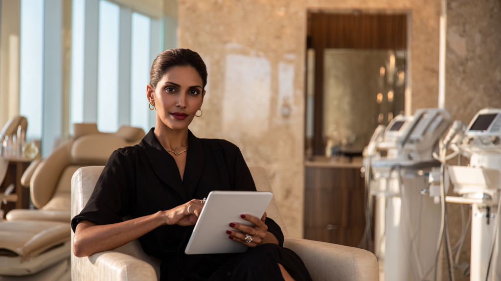 South Asian woman completing a medical screening before NAD+ IV therapy at a luxury medical spa