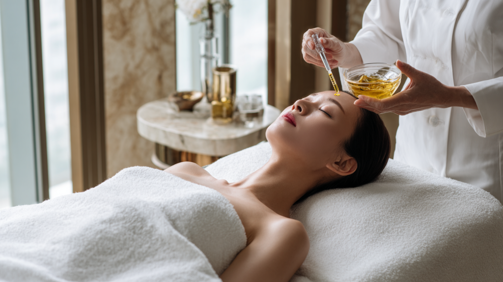 East Asian woman receiving PRP after a microneedling treatment at a luxury medical spa