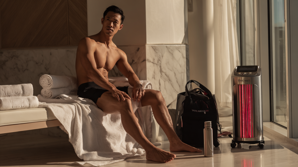 Athletic East Asian man using Phoenix Thera-Lase as part of an evidence-based post-workout recovery routine