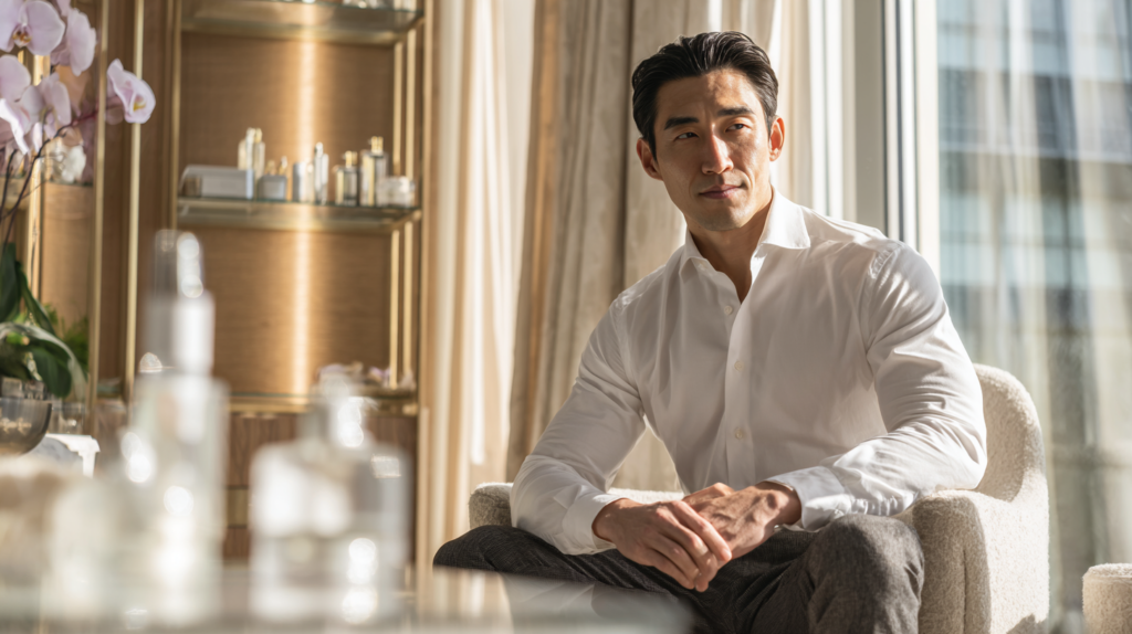 East Asian man attending a follow-up skincare consultation after a medical spa treatment