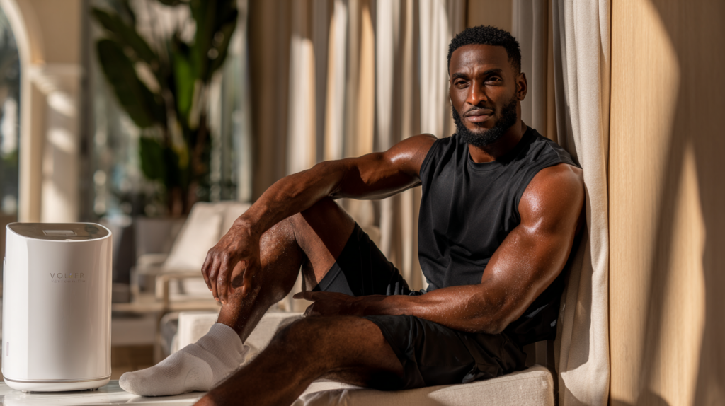 Athletic man using Phoenix Thera-Lase cold laser therapy for post-workout muscle recovery at a luxury medical spa