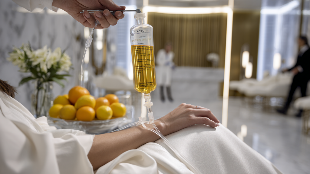 Woman receiving high-dose IV Vitamin C therapy for enhanced nutrient absorption and skin wellness