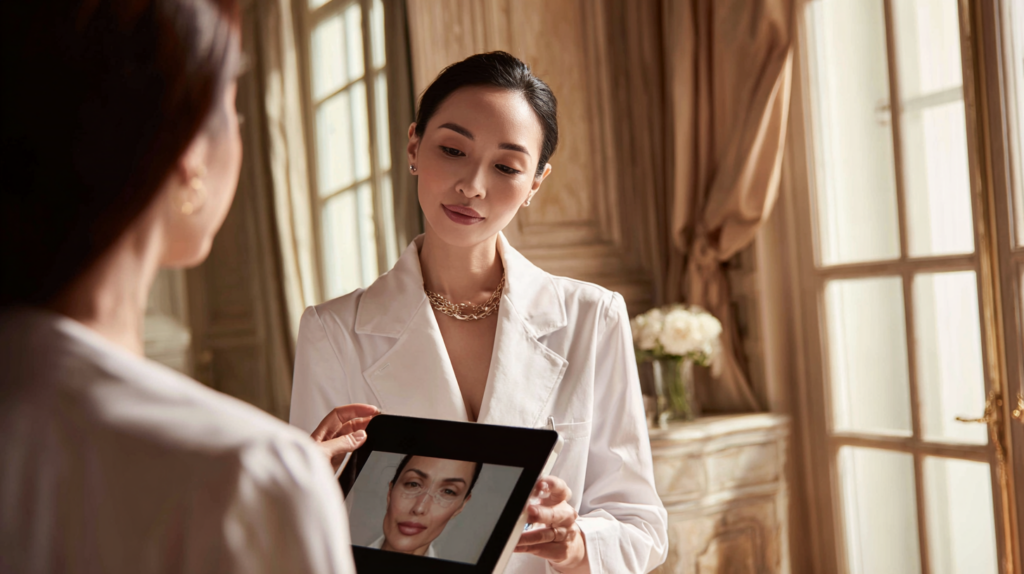 East Asian woman learning how hyaluronidase dissolves hyaluronic acid dermal filler during a medical spa consultation