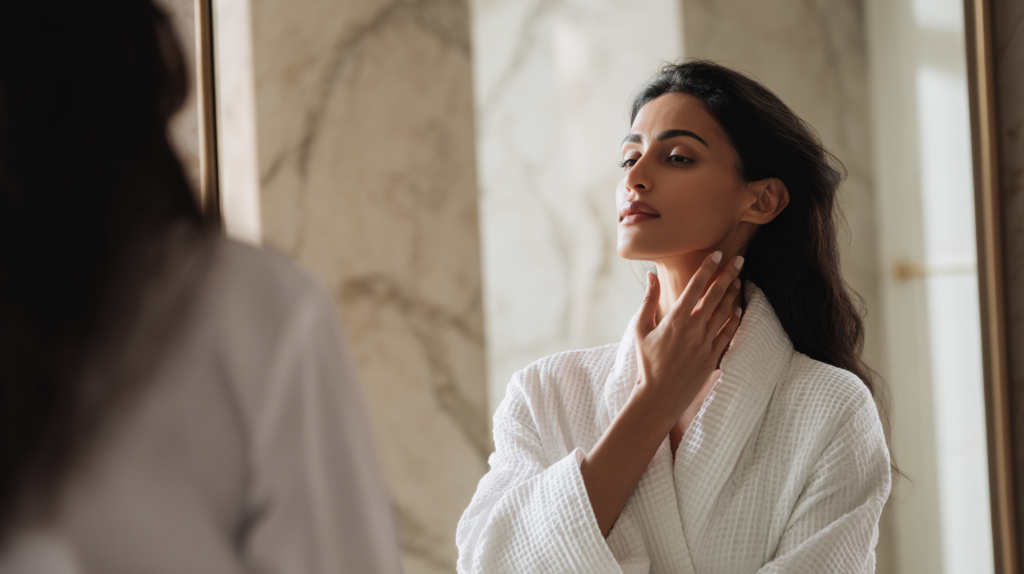 South Asian woman attending a follow-up appointment after hyaluronic acid filler dissolution treatment