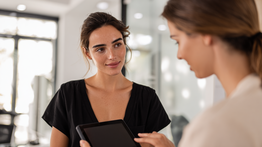 Latin American woman receiving a professional acne skin analysis at a luxury medical spa