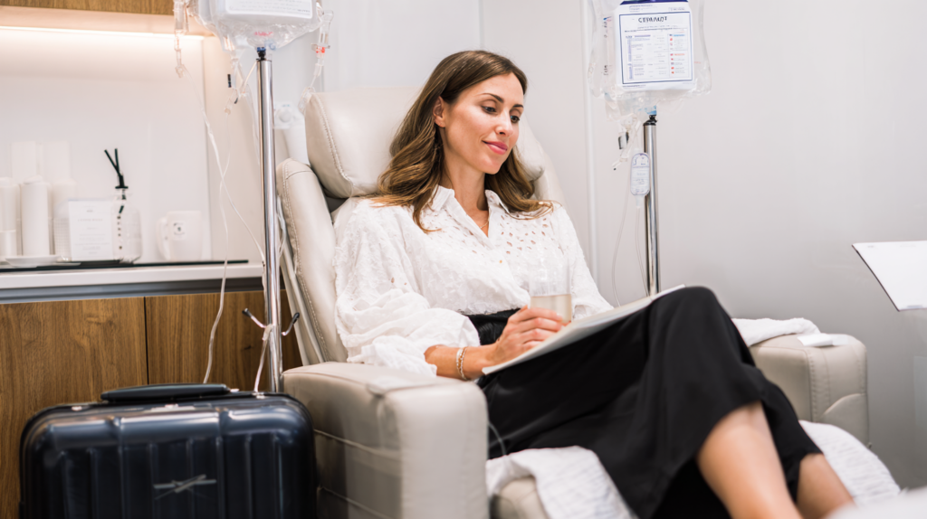 Licensed provider explaining the benefits of IV hydration therapy for travel-related dehydration at a luxury medical spa