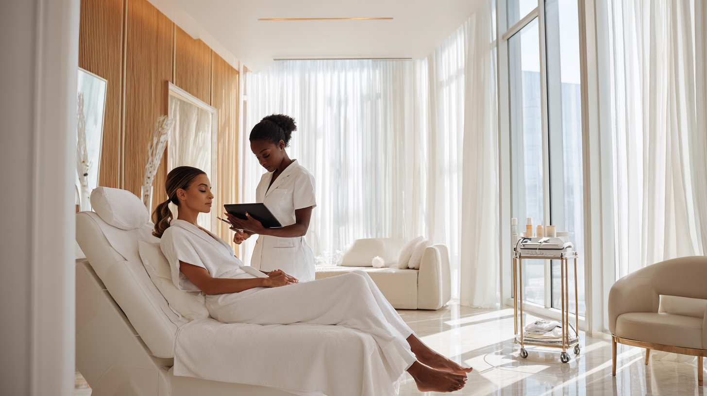 African American woman during a consultation for microneedling with or without PRP at a luxury medical spa