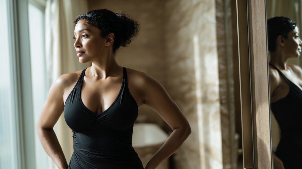 Woman with moderate loose skin after weight loss considering treatment options at a luxury medical spa