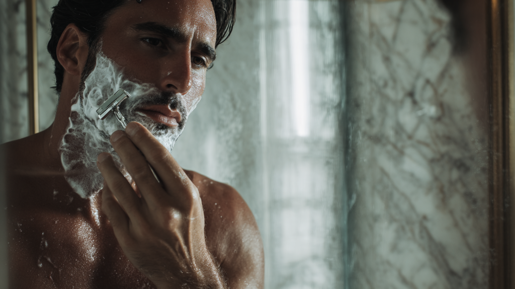 Mediterranean man following proper shaving techniques to protect the skin barrier as part of a daily skincare routine