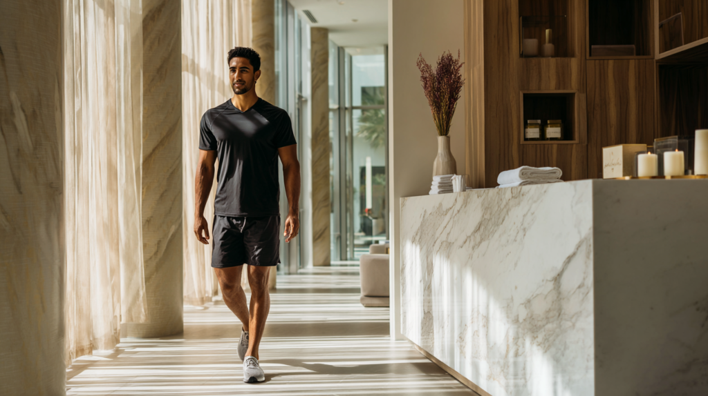 Athletic South Asian man walking comfortably after a Phoenix Thera-Lase recovery session for post-workout muscle soreness