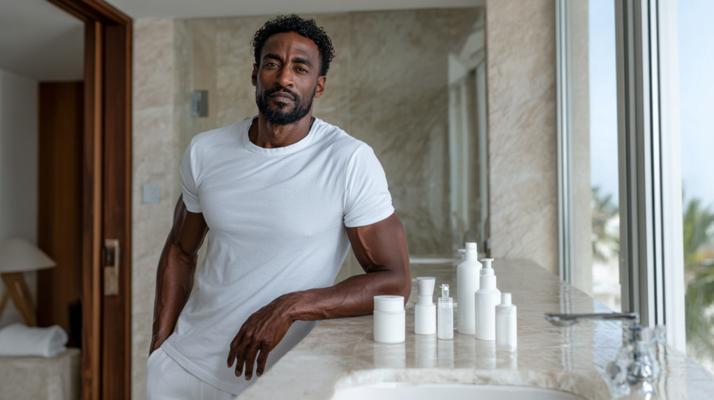 Black man following a daily skincare routine between professional medical spa treatments