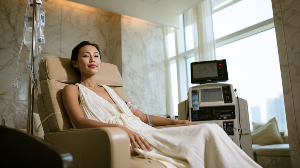 East Asian woman receiving medically supervised NAD+ IV therapy in a luxury wellness clinic