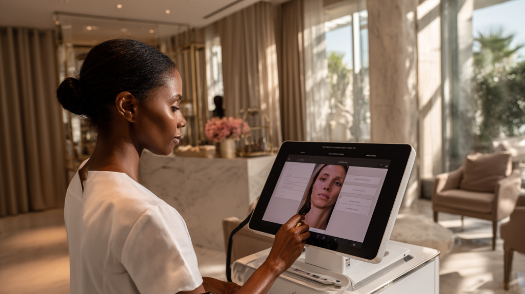 Black woman discussing a personalized microneedling treatment plan at a luxury medical spa
