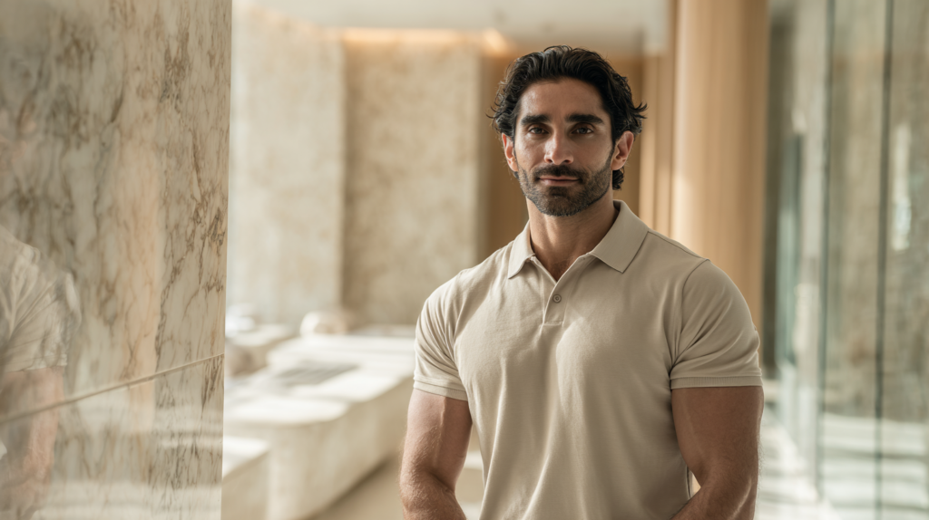 Man with healthy skin following a professional skincare routine between medical spa appointments