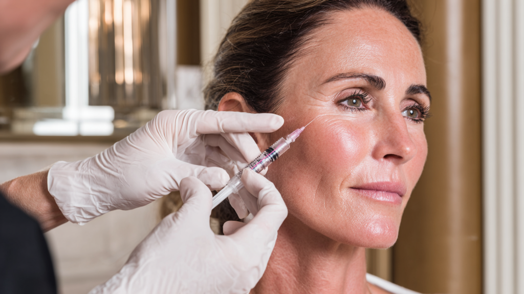 Licensed provider preparing a Sculptra collagen biostimulator treatment for facial rejuvenation at a luxury medical spa